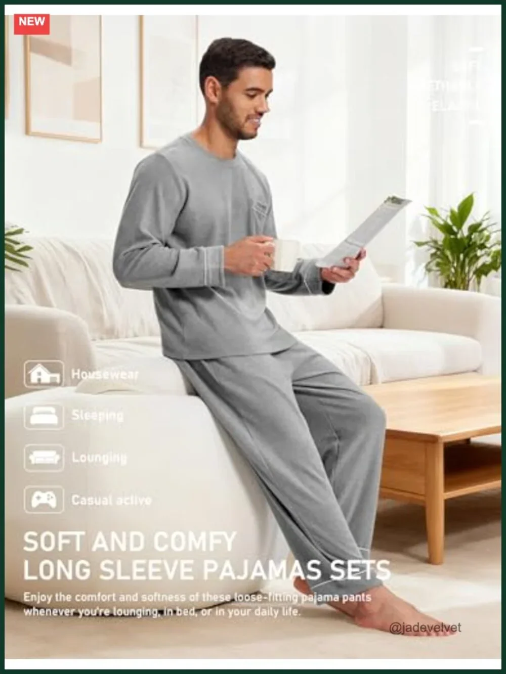 Men's Long Sleeve Crewneck Pajama Set with Pockets Rayon Loungewear